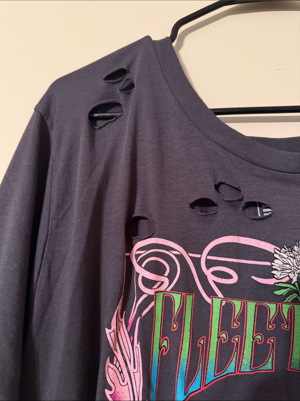 Torrid Graphic Distressed Black Tee with Neon Peach & Green Print - Picture 4 of 6